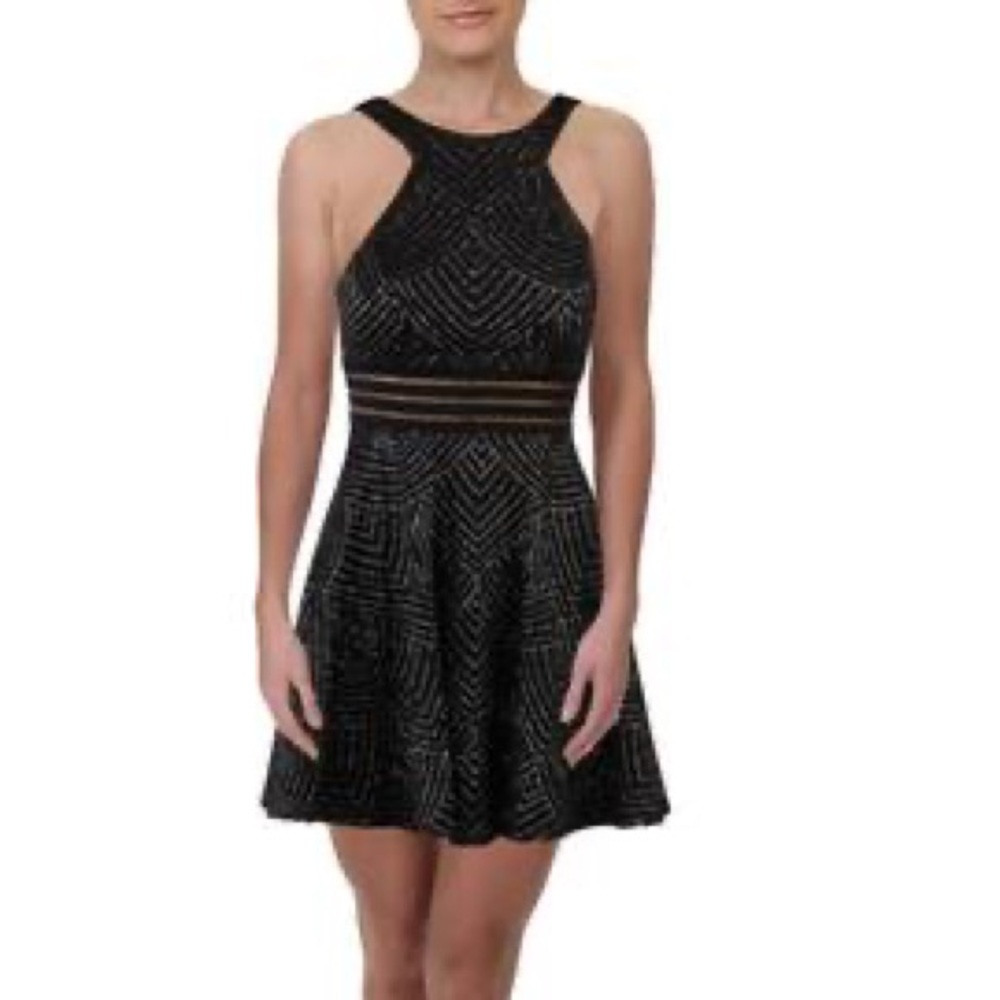 City Studio Sparkly Black Halter Dress with Mesh